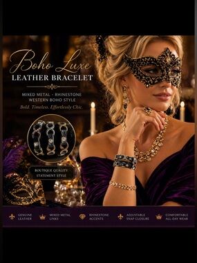 Boho Leather Bracelet Mixed Metal Rhinestone Western Statement Wrist adjustable